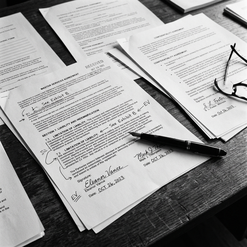 grayscale close up of a signed legal contract showing terms, highly professional, no humans